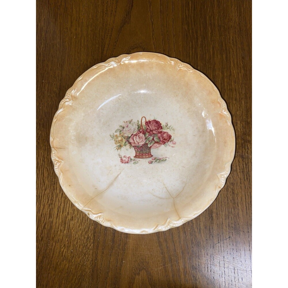Antique Decorative 10” Bowl Peach Lister Rose Basket Detail Beautiful Crazing